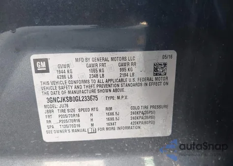 2016 Chevrolet Trax 1Ls из США, поврежденный, VIN 3GNCJKSB0GL233675